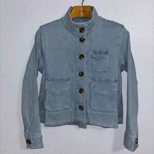 LOFT NWT Striped Denim Jean Jacket Medium Blue White Utility Button Front